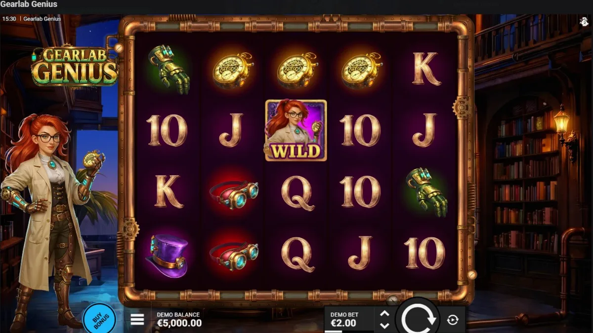 Mobile gameplay interface ng Gearlab Genius slot na nagpapakita ng steampunk workshop theme