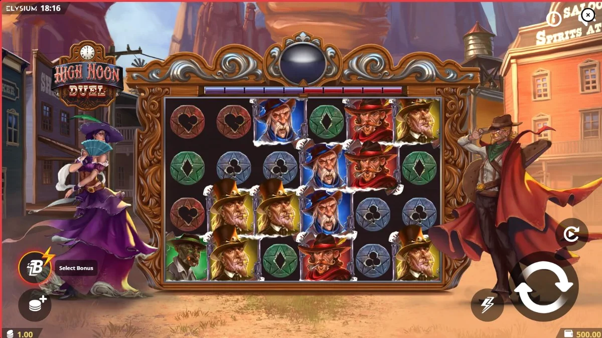 High Noon Duel slot game interface na nagpapakita ng Wild West theme at mga karakter na sina Pistol Belle at The Iron Cowboy.