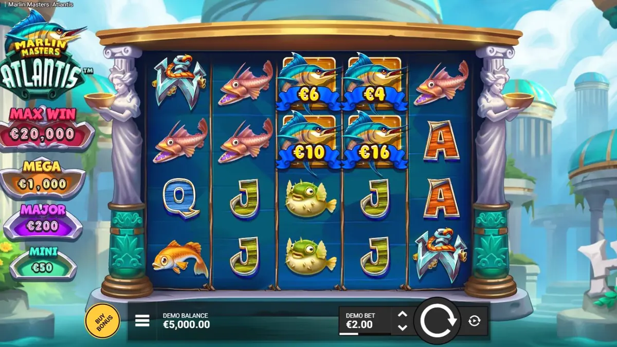 Marlin Masters Atlantis slot gameplay screen na nagpapakita ng mga simbolo ng isda at mitolohiya